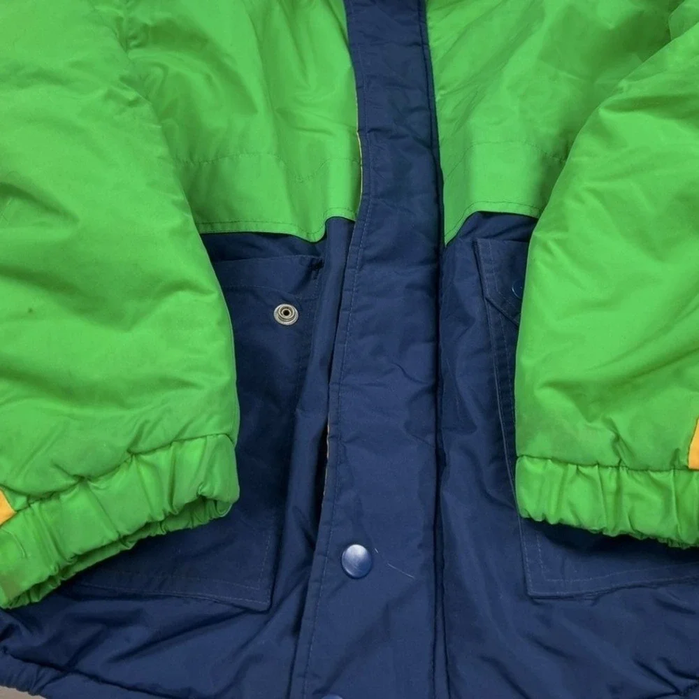 Max Active Puffer Jacket Kids L Green Navy Yellow Vintage Colorblock 73618